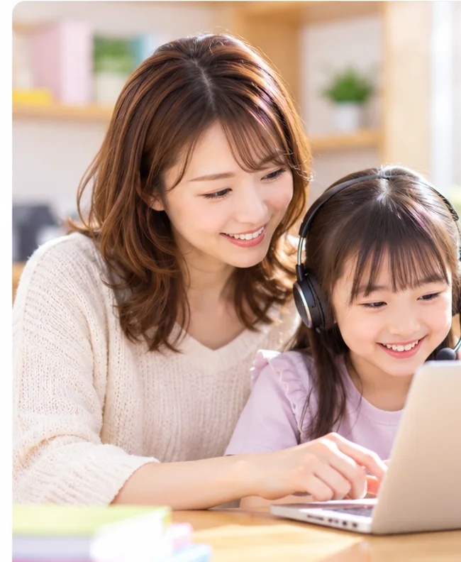 母親と子どもが一緒にパソコンで英会話を学ぶ